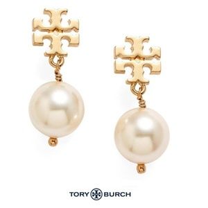 NWT Tory Burch Pearl Logo Drop Earrings Gold White